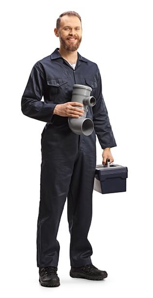 Full length portrait of a plumber holding a plastic pipe and a tool box isolated on white background